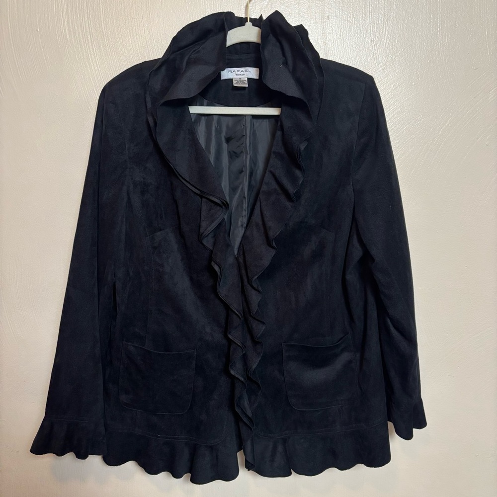 Rafael Woman Women's Blazer Jacket Ruffle Hook Closure Polyester Black Size 1X